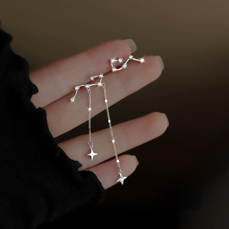 Korean Style Silver Color Asymmetric Star Long Tassel Fashion Zircon Drop Earring for Girl Women Birthday Gifts Wholesale