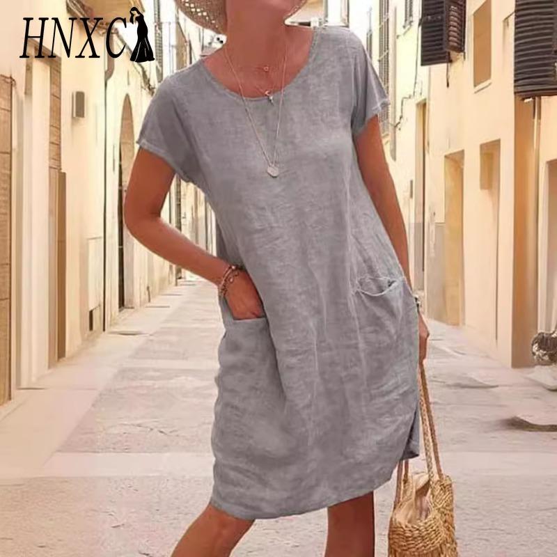 HNXC Women's Fashion Summer Spring Solid Color Print O-Neck High Waist Casual Dresses