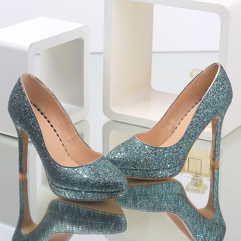 Women's High-heeled Single Shoes Fashion Sequined Banquet Wedding Shoes Waterproof Table Fine Heel Shallow Mouth Large Size Four-season Shoes