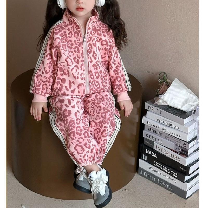 Spring Autumn Girls'  Kids Leopard Pattern Suit Coat+trousers Pants Sets Comfortable Cute Baby Clothes Children Clothing Sportswear Two-piece Set