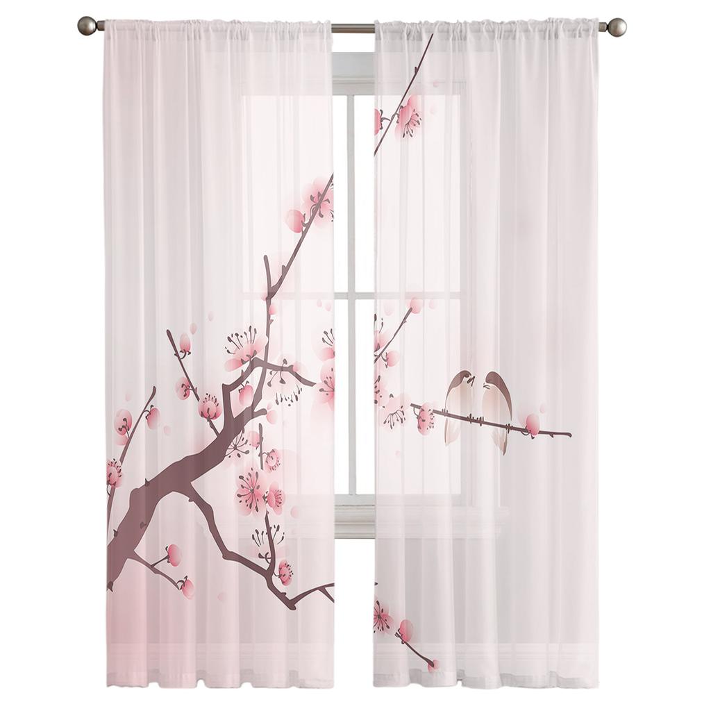Różowe kwiaty wiśniowe ptaki atramentowe nowoczesne tiulowe zasłony do salonu sypialni domu kuchni okna przezroczyste zasłony