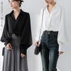 Long Sleeve Chiffon Blouse with Balloon Loose Plus Sizes Korean Autumn [POGCZMKK] Women's Shirt, V-Neck Sleeves, Cute, Slimming, Fit, Available,