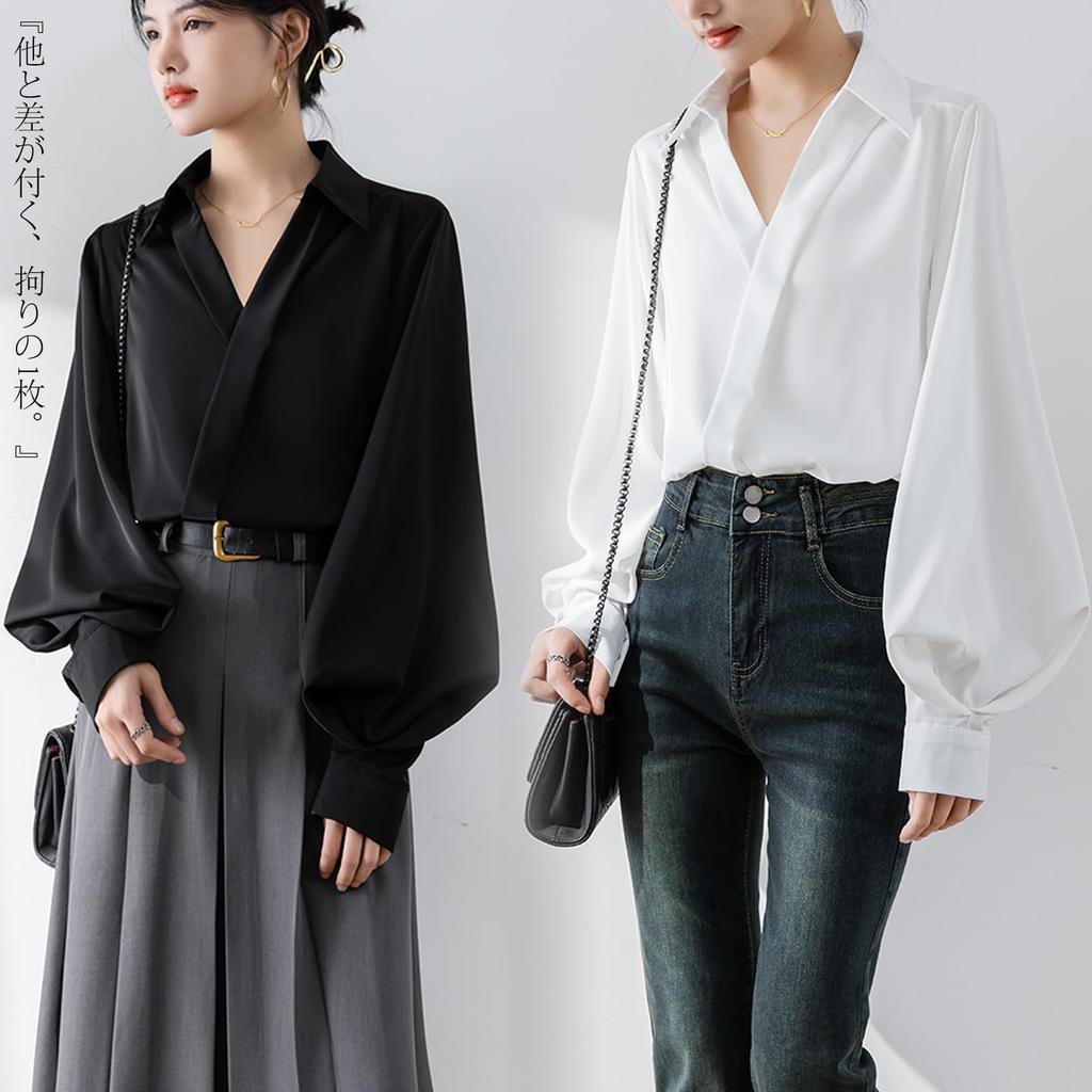 Long Sleeve Chiffon Blouse with Balloon Loose Plus Sizes Korean Autumn [POGCZMKK] Women's Shirt, V-Neck Sleeves, Cute, Slimming, Fit, Available,