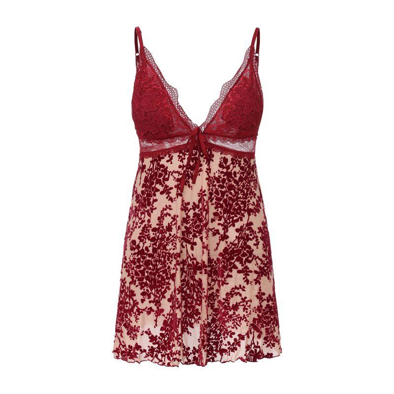 

Good Morning and Evening Mood with You Sexy Burning Flower Texture Velvet Backless Strap Nightdress with Chest Pad Lace Pajamas Red (single nightgown) 165(L)