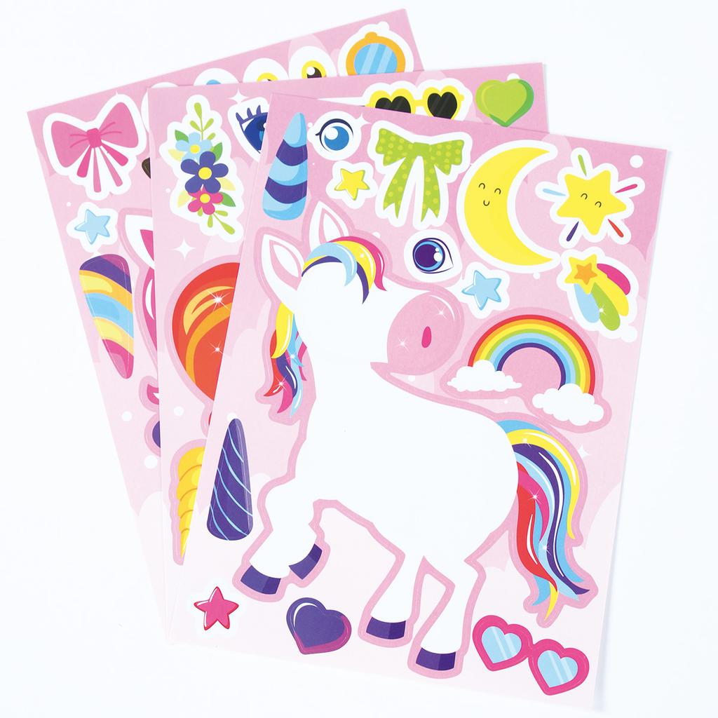 12Sheets Rainbow Horse Children DIY Puzzle Sticker Games Unicorn Birthday Party Make A Face Funny Assemble Jigsaw Stickers Gifts