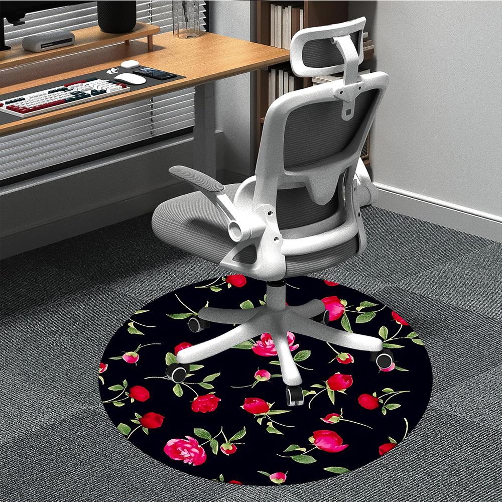 1 Stück Rote Rose Muster Stuhlteppich für Büro, Runder Polyester Teppich, Innen Dekoration für Büro, Pflegeleichtes Gewebe, Waschbarer Rutschfester Bereichsteppich