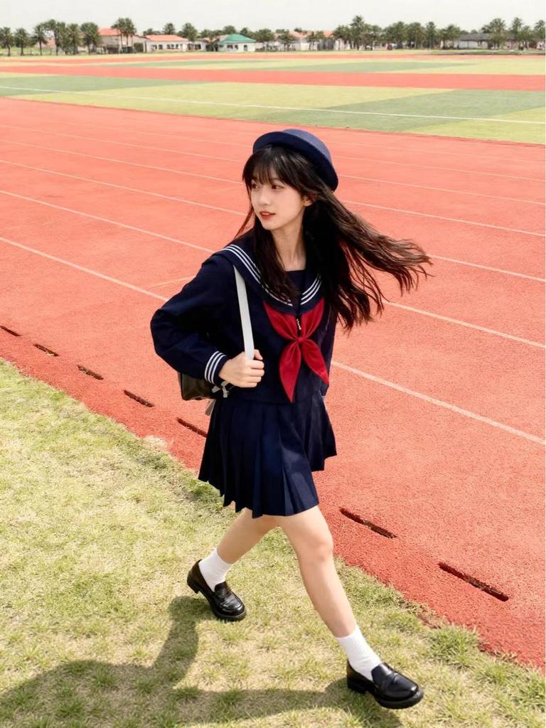 Dark Navy Japanese JK Uniform Skirt - Three-Line, Solid, Mid-Length, Pleated Sailor Suit for Students
