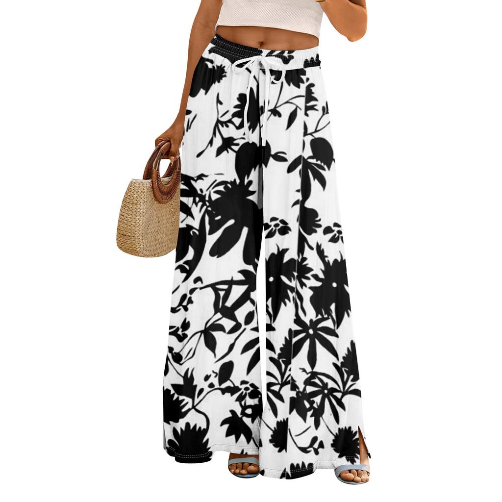 Women Summer Boho Palazzo Pants High Waist Wide Leg Floral Printing Casual Trousers With Pockets