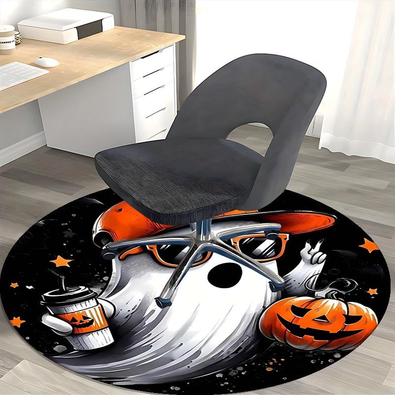 1pc Halloween Ghost with Pumpkin Coffee Cup Round Carpet, Office Chair Mat, Non Slip Rug for Home Decor, Gift, Office, Living Room, Bedroom