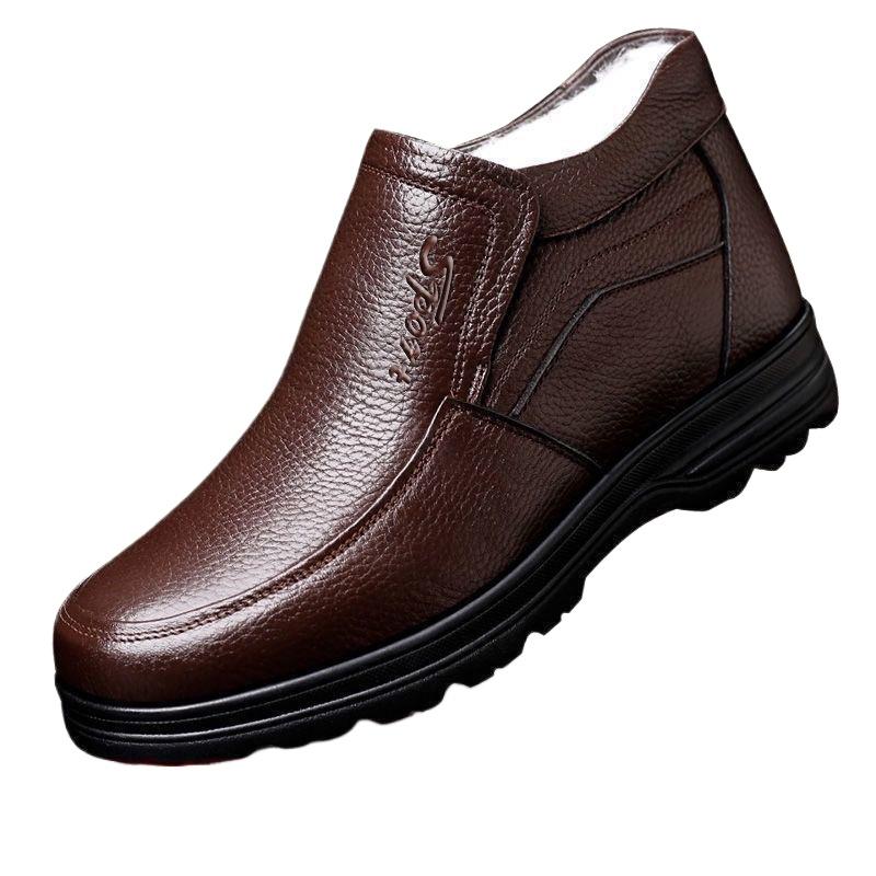 [Genuine Leather Wool] Men's Cotton Shoes with Velvet To Keep Warm, Real Cow Leather Shoes, High-top Thick-soled Non-slip Snow Boots
