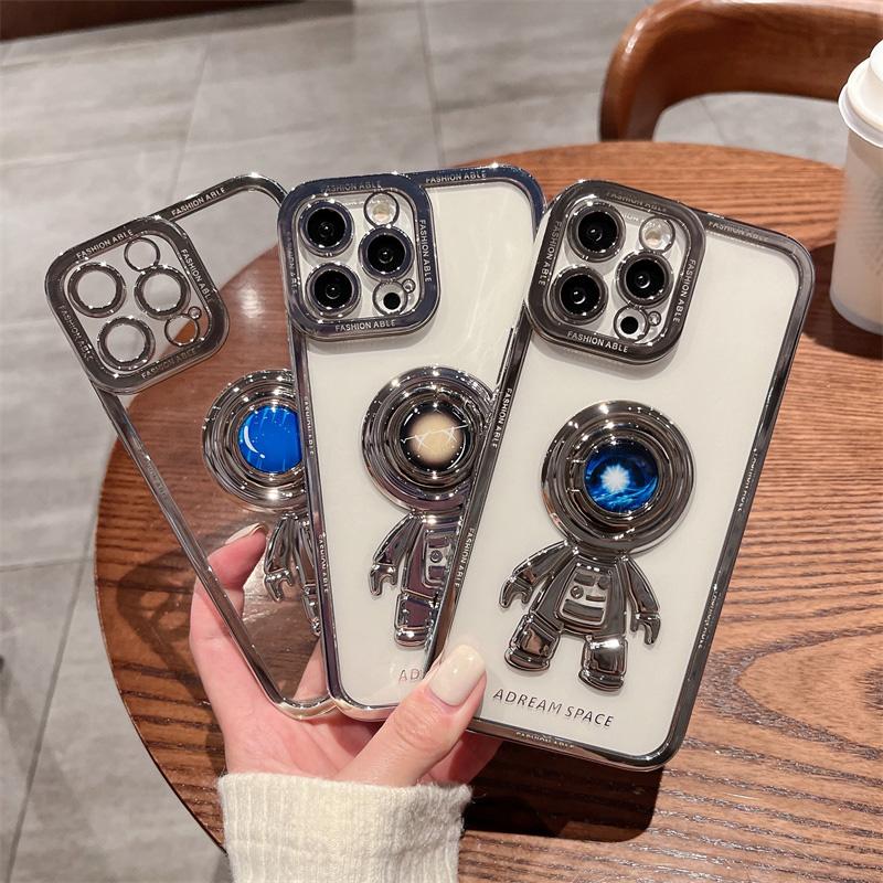 Galvanisierte Astronauten-Ringhalter-Hülle für iPhone 11 12 13 Pro Max X Xr Xs Max Linsenschutz Silikonbeschichtung