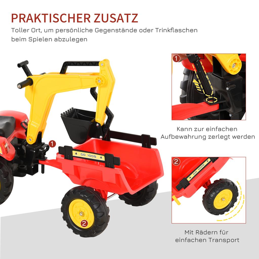 Pedal Tractor with Trailer, Front Loader, Adjustable Bucket, Tractor Pedal Vehicle for Children from 3 Years Red