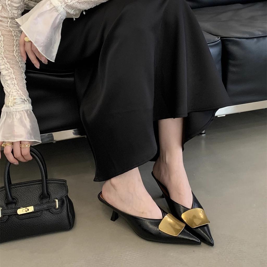 2025 summer new metal buckle pointed head thin heel bag head slippers women wear sandals muller shoes half slippers