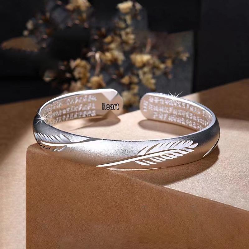 Silver-Plated Leaf and Flower Bracelet with Heart Sutra Design - Ethnic Style Gift for Mom