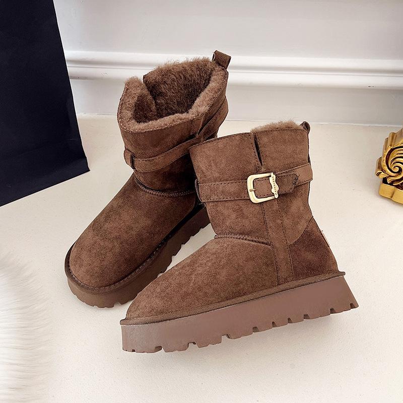 2025 winter two wear lapel thickened snow boots new thick-soled belt buckle thermal cotton shoes women's fluffy medium boots