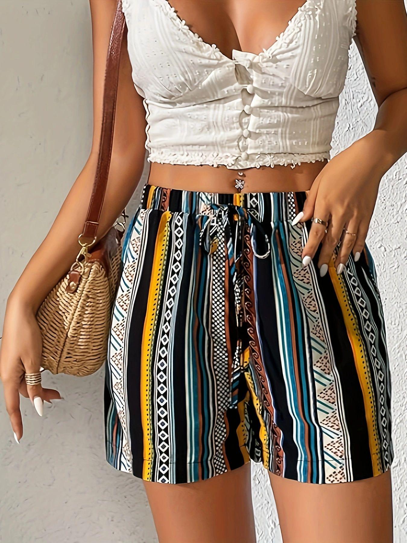 2026 Spring/Summer Bohemian High-Waisted Striped Casual Holiday Shorts L