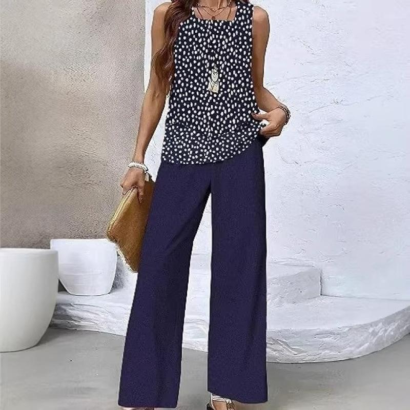 New spot European and American women's clothing hot-selling sleeveless double-layer vest pants set T-shirt