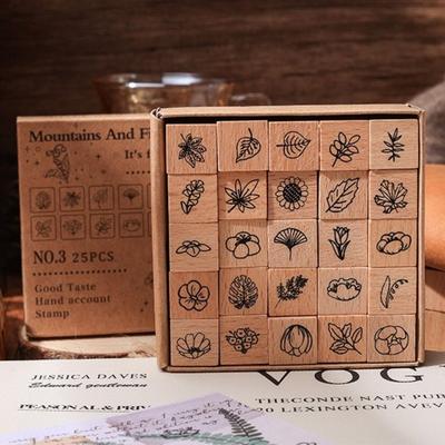 25pcs Butterfly Flower Themed Stamps Set Cute Expressions Weather Wood Rubber Stamp Cartoon DIY Craft Mini Wooden Stamps