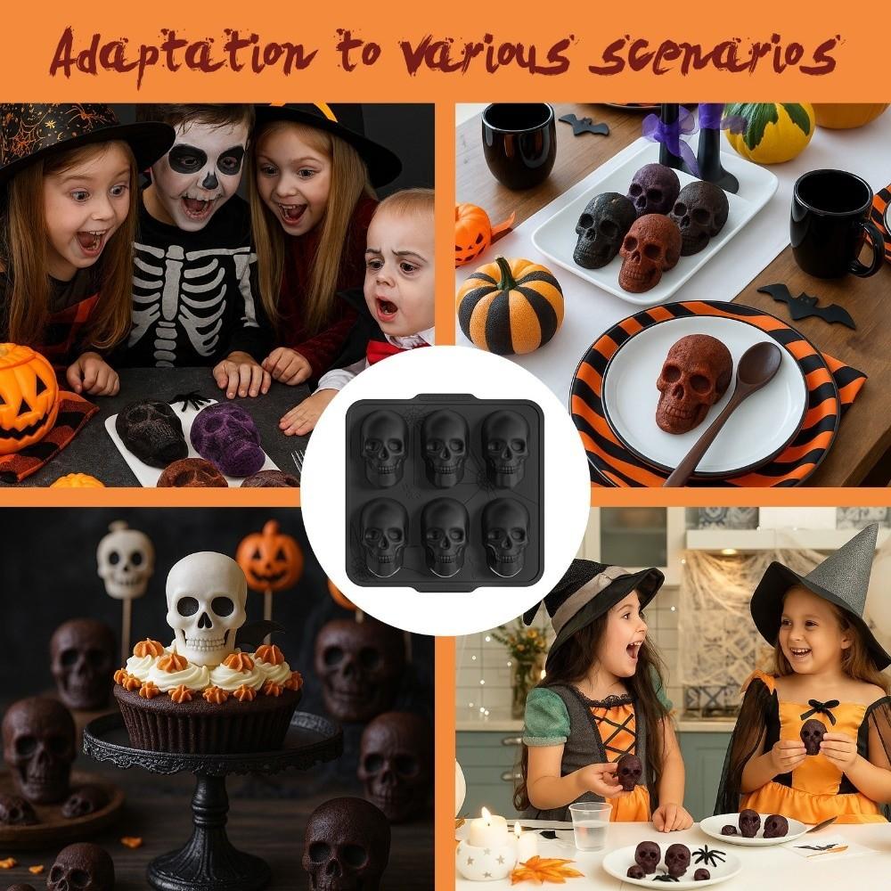 Trendy Silicone Halloween Skull Cake Pan 6 Cavity Skull Metal Framed Baking Tray Food-Safe Non-Stick Baking Pan for Baking