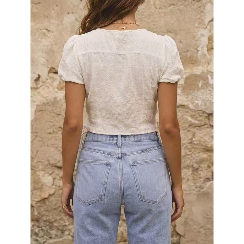 Women S Summer Solid Round Neck Cardigan With Lantern Sleeves