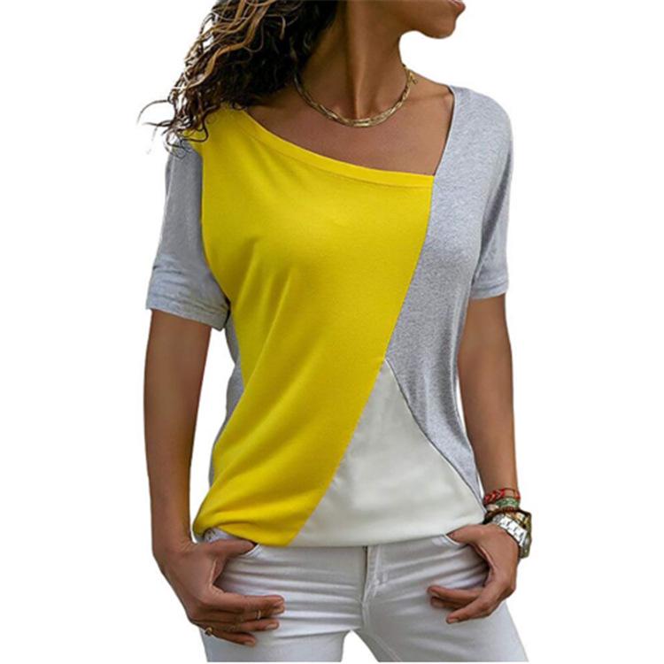 Summer Women Fashion Color-stitching Print T-shirt Loose Plus Size Top