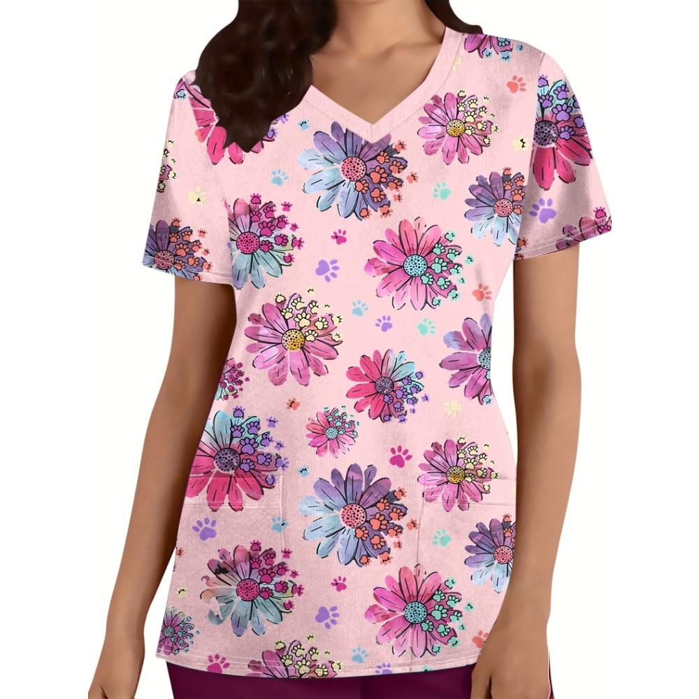 V-neck Floral and Cat's Paw Print Breathable Polyester Casual All-season Short Sleeves