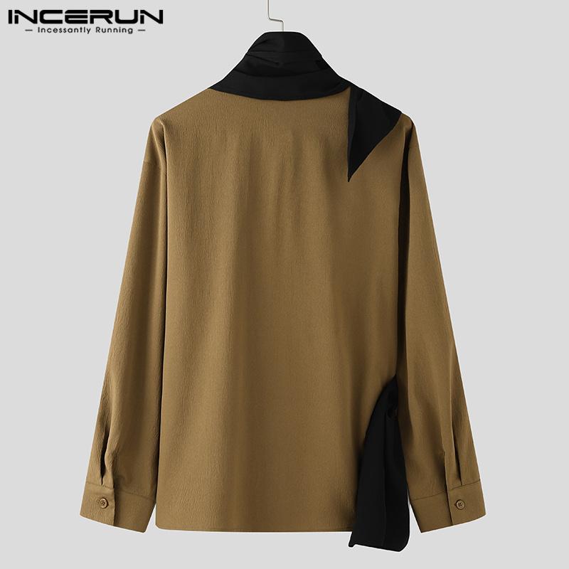 INCERUN Men Cowl Neck Long Sleeve Front Cross Shirts Casual Patchwork Tops