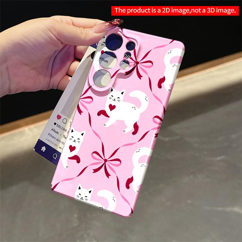 2DFlat Samsung phone case Cute White Cats with Hearts and Bows on Pink Background Applicable to Galaxy S22 S23 S24 S25ULTRA S26 A12 A13 A14 A15 A16