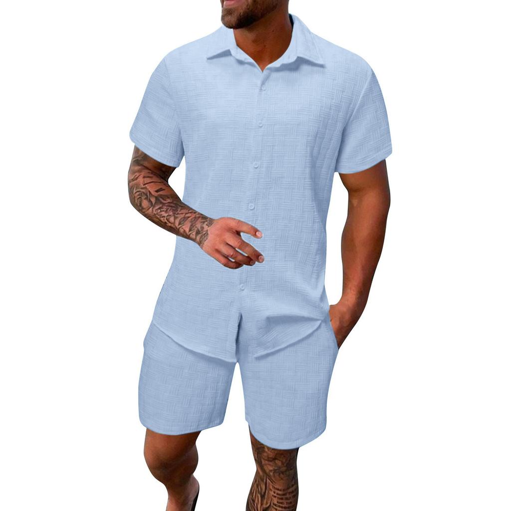 Men's Summer Color Short Sleeve Button Lapel Shirt Shorts Set