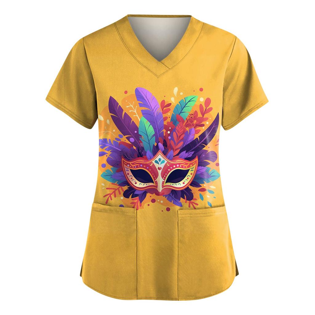 Women's Fashion V-Neck Short-Sleeved Workwear With Pockets Carnival Print Top Caregiver Uniform