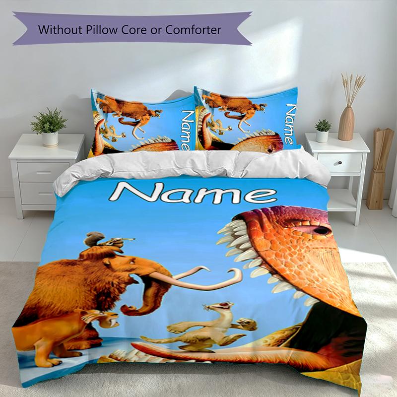 3pcs Custom Name Ice Age Dawn of the Dinosaurs Set,Includes 1 Duvet Cover and 2 Pillowcases,All-season Bedroom Decor