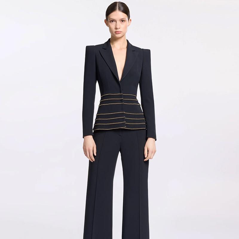 Spot 2026 Celebrity Temperament Slim Fit Two-Piece Suit with Copper Chain and Beaded Long Pants