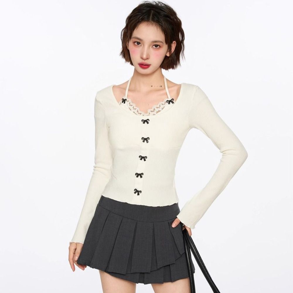 Lace Tied Up Long Sleeved T Shirts Slim Fit Fake 2 Pieces Crop Tops  Travel