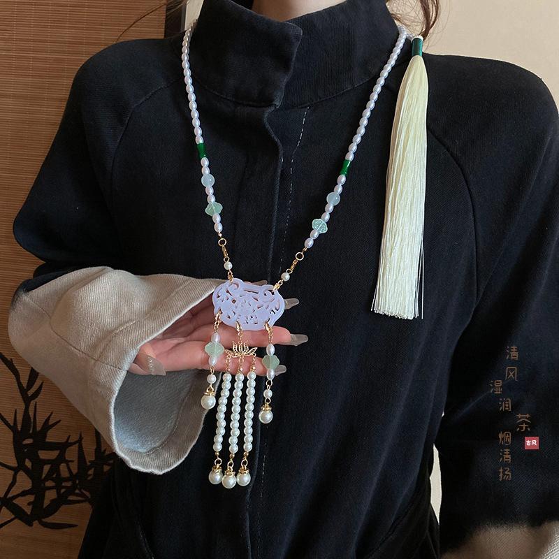 Ethnic Style Hollow Carved Lucky Bag Pendant Green Imitation Jade Handmade Beaded Long Necklace