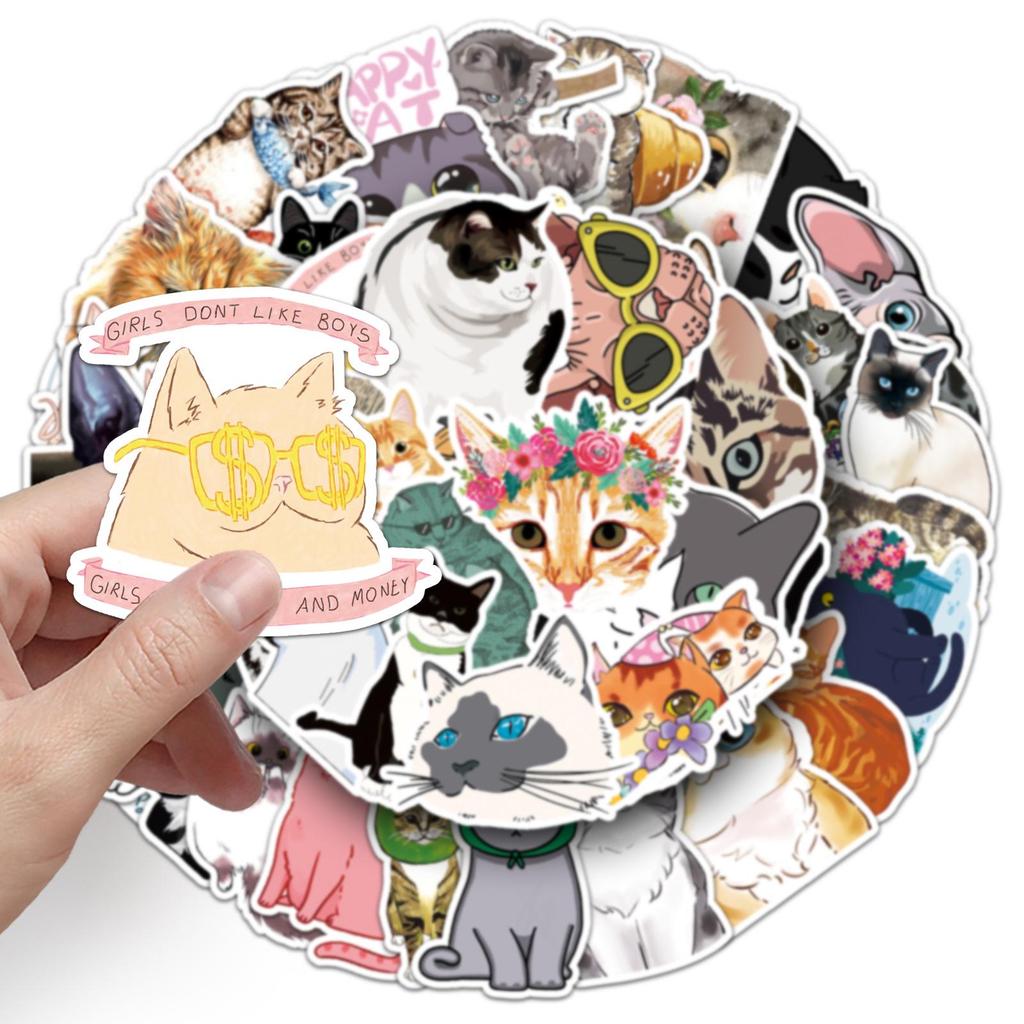 50 Cute Cat Cartoon Stickers for Notebook, Luggage, Car, and Scooter