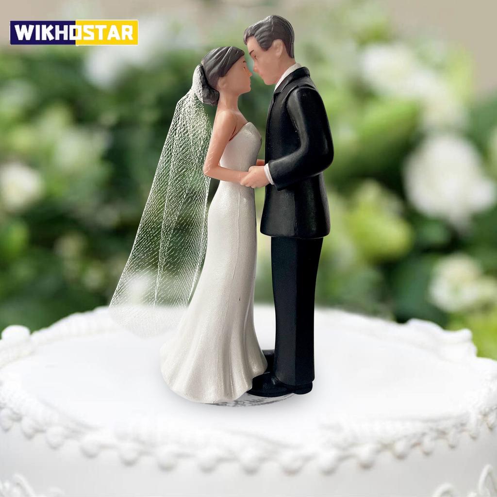 Elegant Bride & Groom Wedding Cake Topper with Veil 4.3" - Anniversary, Bridal Shower, Engagement Party Decoration