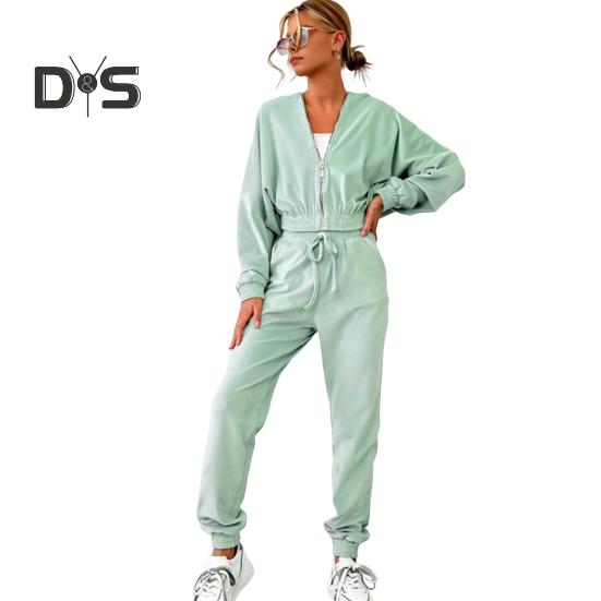 

Женский комплект из 2 предметов: пальто, брюки, капюшон, застежка-молния, длинный рукав, короткий топ, эластичный подол и талия, карманы на щиколотках, брюки, зимний повседневный спортивный костюм M зелёный