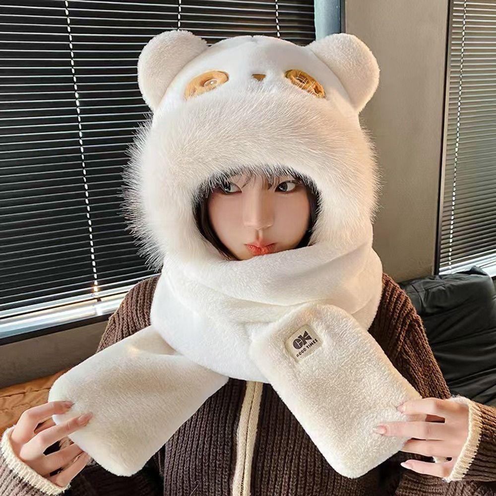 Casual Plush Winter Warm Hat Windproof Cartoon Panda Ear Protection Hat Neck Warmer Thickened Beanies Cap for Women Girls