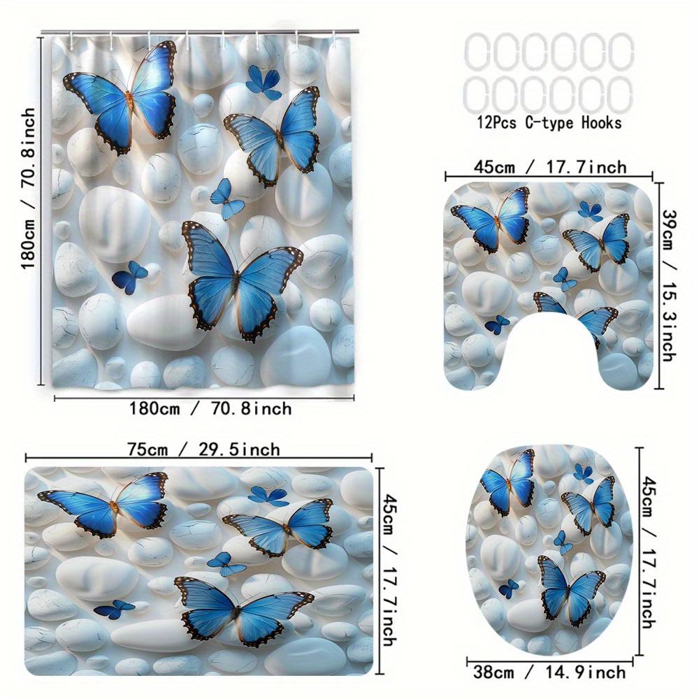 Blue Butterfly Print Polyester Shower Curtain Set With C-Hooks, Machine Washable, Waterproof Woven Bathroom Decor, Fashion Theme