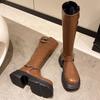 Retro Brown Western Cowboy Boots Women's 2025 New Belt Buckle Knee Long Boots Thick-soled High Knight Boots