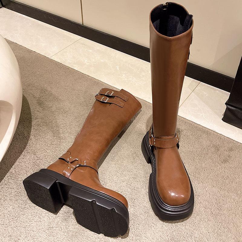 Retro Brown Western Cowboy Boots Women's 2025 New Belt Buckle Knee Long Boots Thick-soled High Knight Boots