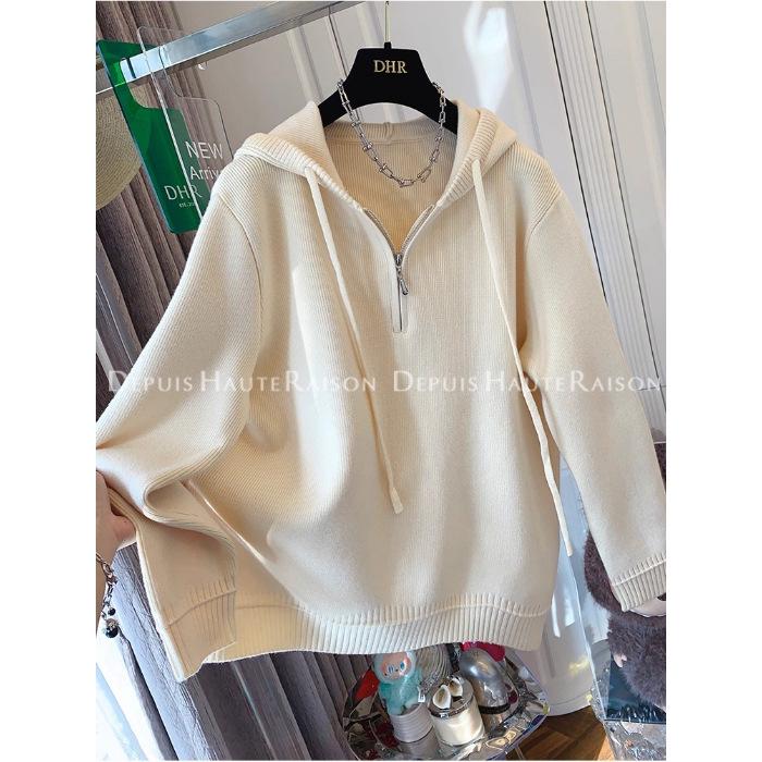 

2025 Autumn/Winter Plus Size Hooded Sweater: Solid Color Versatile Cardigan Knitwear for Women Size 3 (recommended 160-200 jin) бежевый