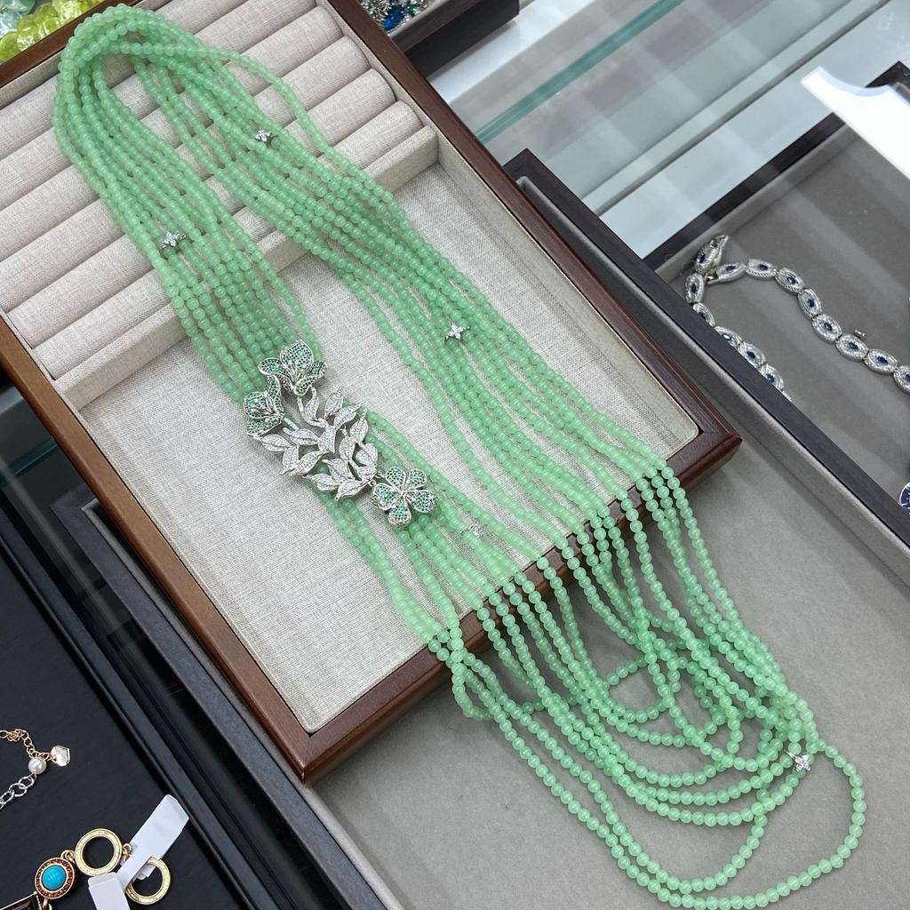 Green Dongling Jade Necklace Niche Design High-End Multi-Layer Beaded Long Sweater Chain Luxury Light Luxury Jewelry Women