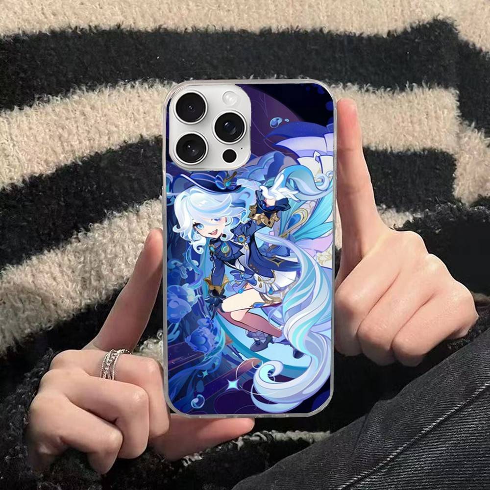 Genshin Impact Furina Phone Case For iphone 17 16 15 14 13 12 11 Pro Max Plus Silver Laser Satin Aurora
