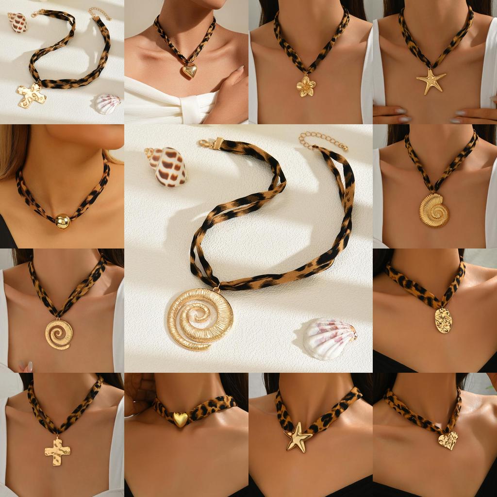 Summer Cross Necklace With Shell And Leopard Print Pendant For Women