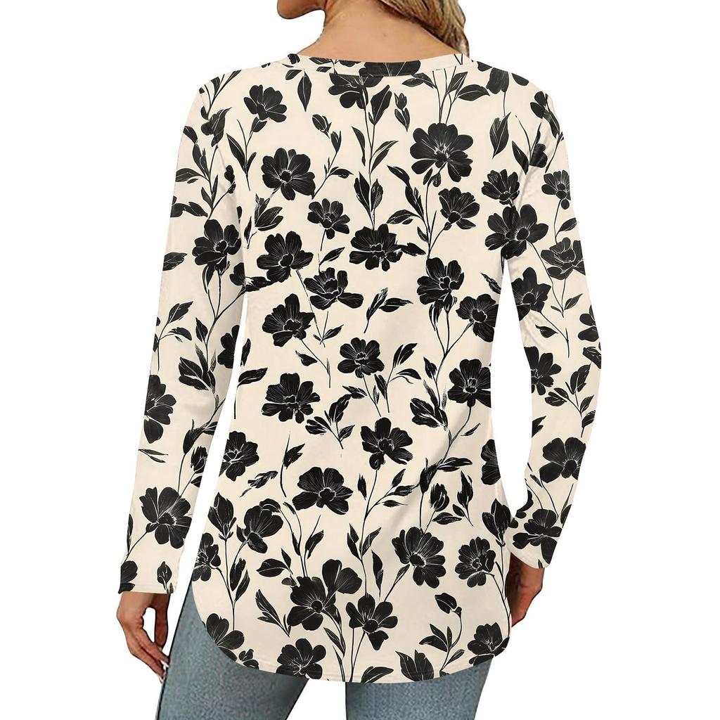Women's Loose Round Neck Print Long Sleeve T-Shirt Top Pullover