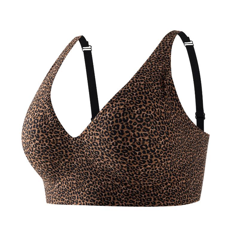 Women Leopard Print Seamless Wireless Bra, Deep V U-Back Adjustable Strap Comfort Everyday No Underwire Lingerie