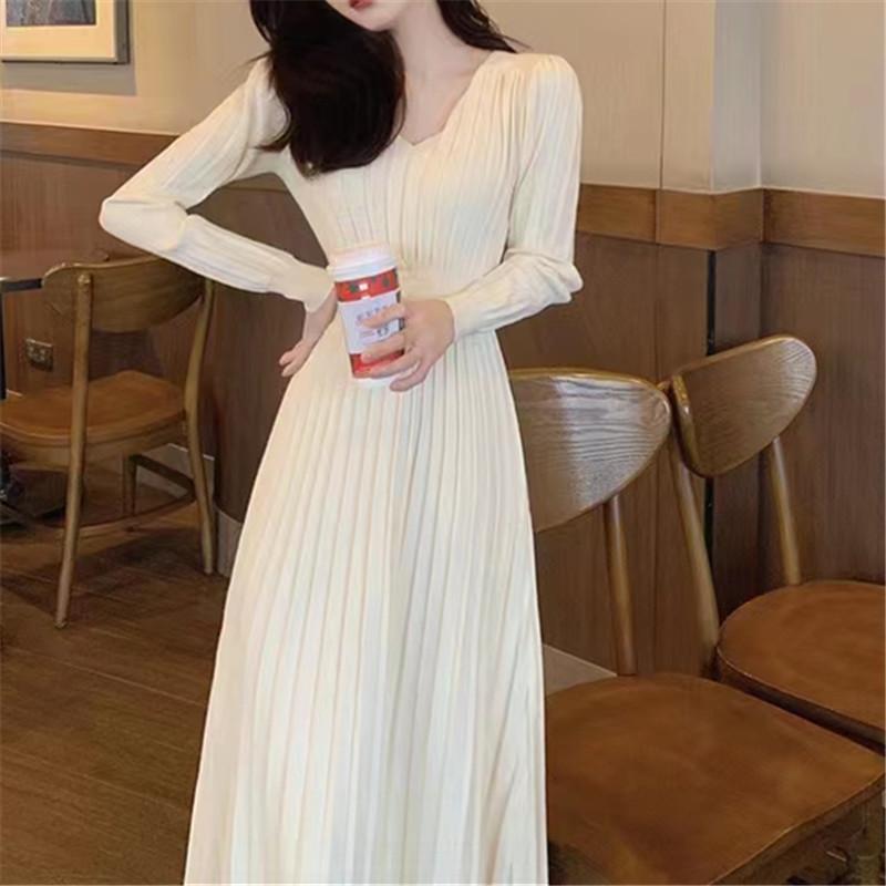 V-neck waist and thin women's dress with coat medium and long autumn and winter new bottoming knitted sweater skirt