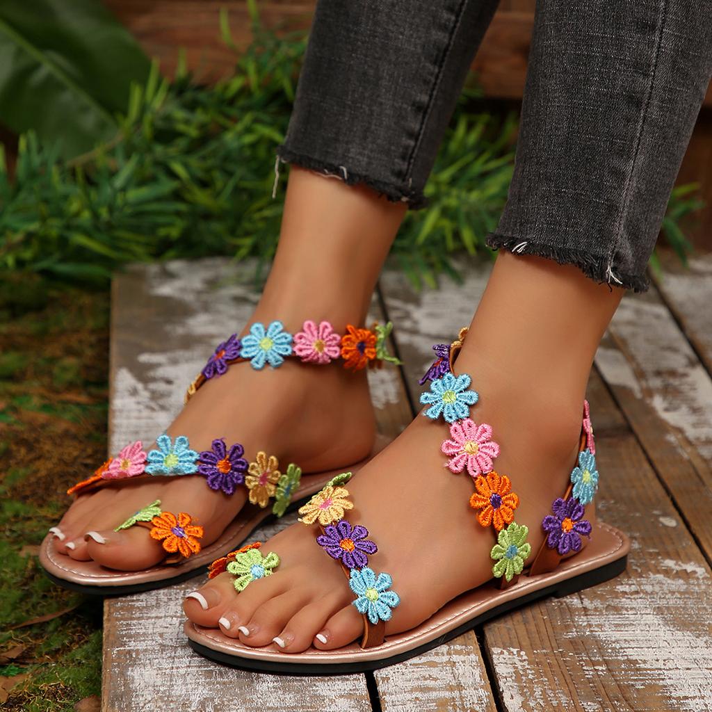 Summer Women Sandals Outdoor Open Toe Shoes Women Bohemian Lightweight Sandals Flower Flat Sandals Plus Size Holiday Beach Shoes