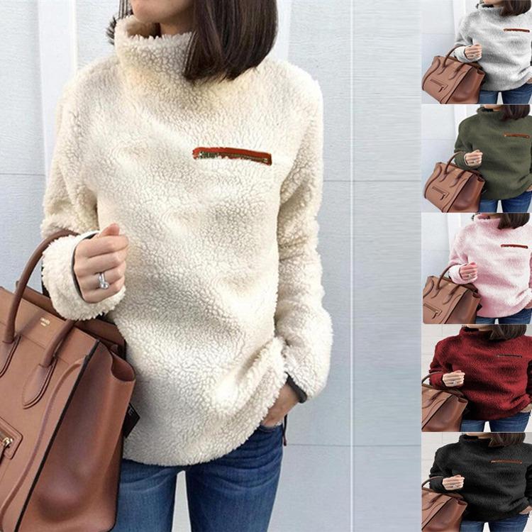 Women's Oversized Fleece Sweater with A High Collar and Zipper for Autumn Winter